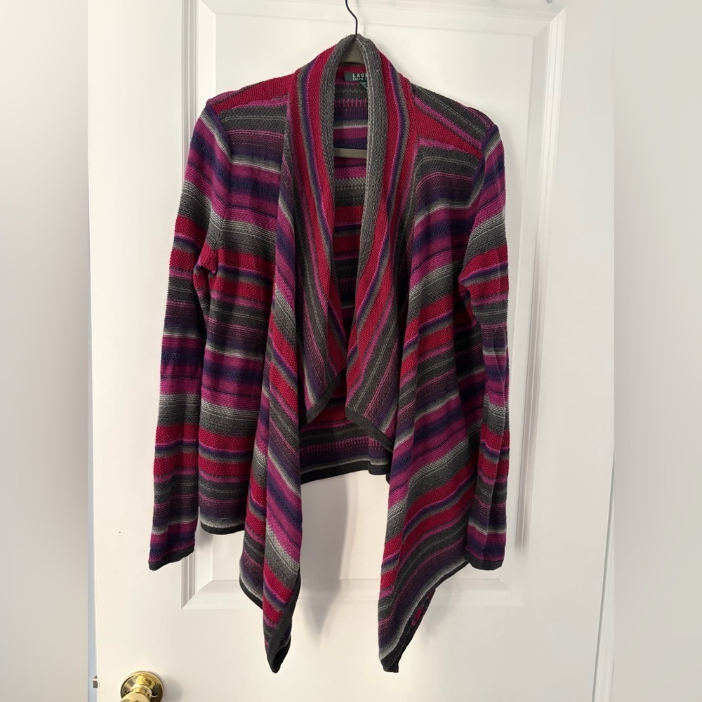 Lauren Ralph Lauren Cotton-Linen Multicolor Striped Open Cardigan - Large